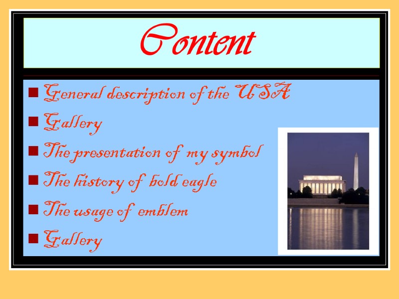 Content General description of the USA Gallery  The presentation of  my symbol